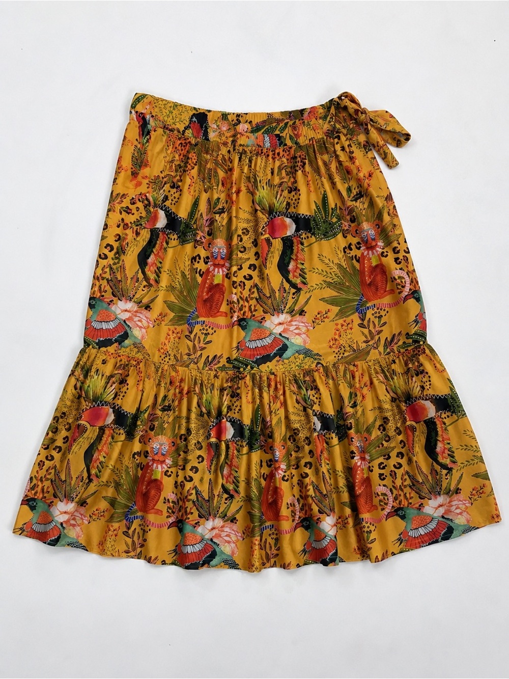Rachel Zoe Tropical Animal Print Tiered Midi Skirt Mustard Yellow Size Small - Picture 3 of 6